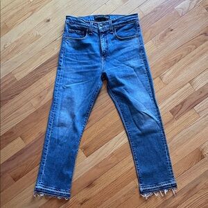 Veronica Beard Ines 10.75 Girlfriend Jeans in Pipeline 28 Frayed Hem Cropped
